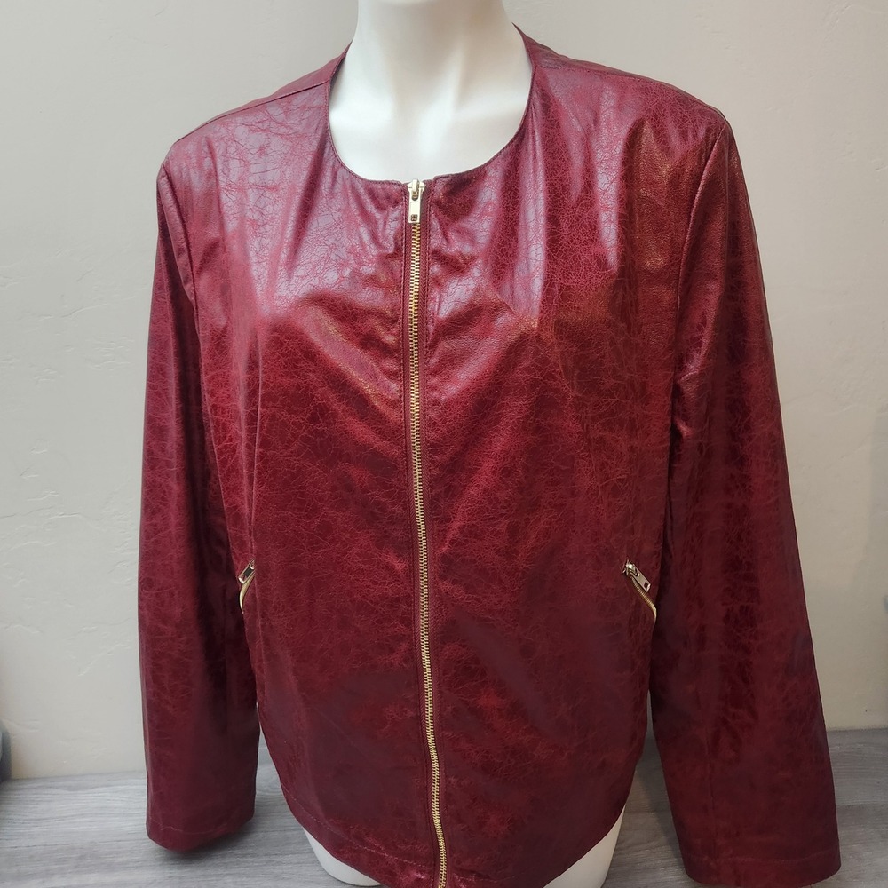 John Paul Richard Red‎ Faux Leather Jacket Size XL Gold Zipper Leopard Lined